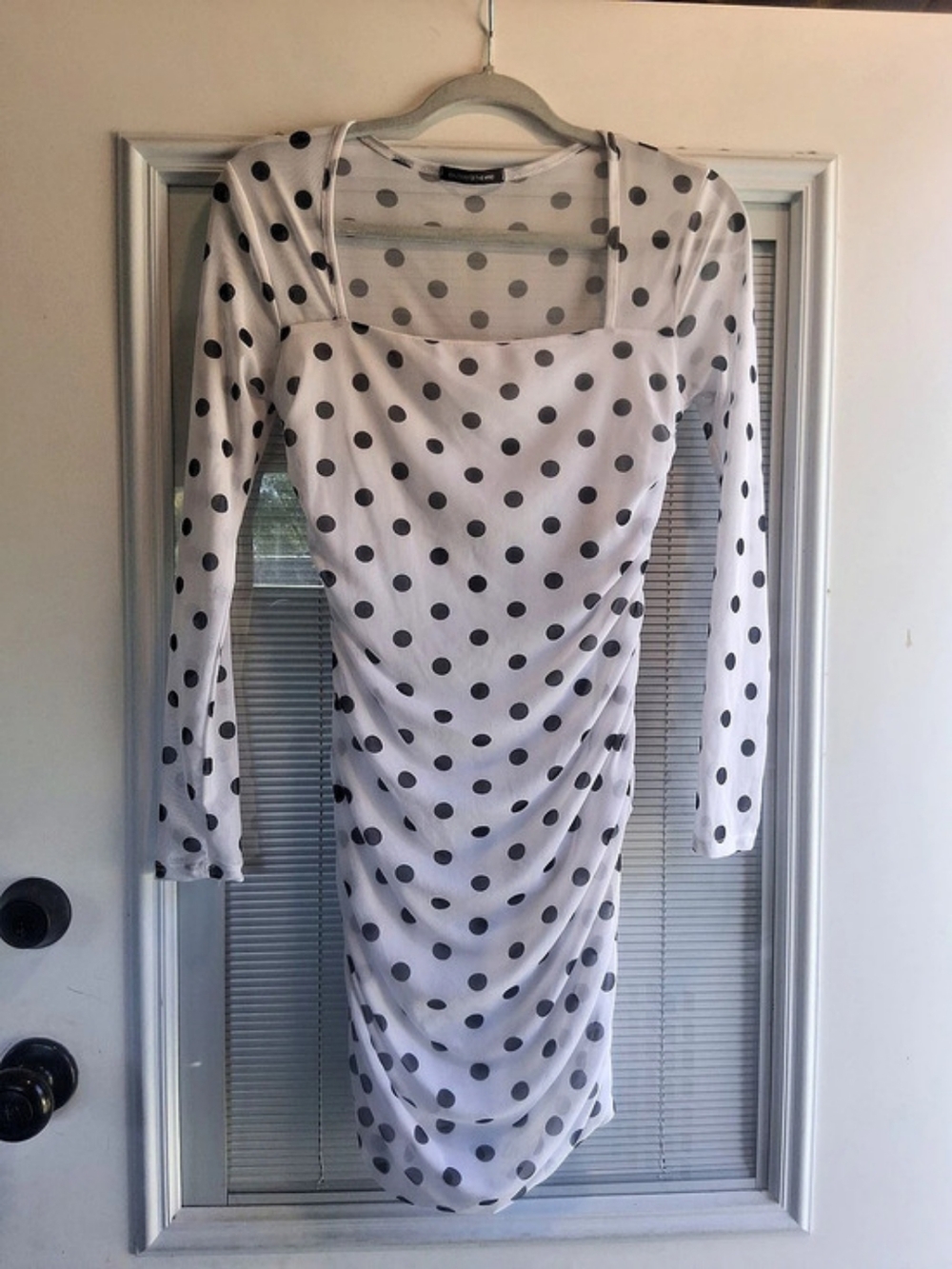Caution to the Wind Polka Dot Ruched Midi Dress in White & Black Like New